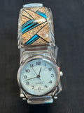 Navajo handcrafted sterling silver watch band with genuine stone inlay.  LZ548