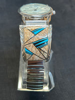 Navajo handcrafted sterling silver watch band with genuine stone inlay.  LZ548