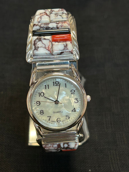 Navajo handcrafted sterling silver watch band with watch and genuine turquoise.  LZ549