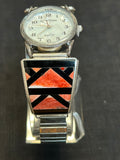 Navajo handcrafted sterling silver watch band with genuine stone inlay.  LZ551