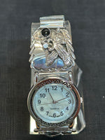 Navajo handcrafted sterling silver watch band with watch and genuine black onyx.  LZ541