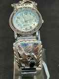 Navajo handcrafted sterling silver watch band with watch and genuine black onyx.  LZ541