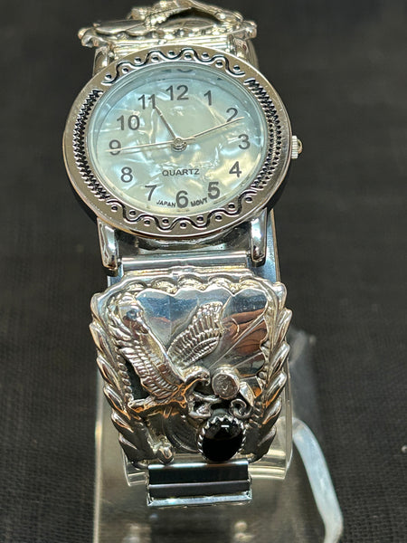 Navajo handcrafted sterling silver watch band with watch and genuine black onyx.  LZ541