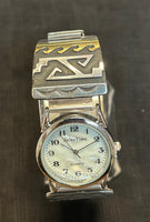 Navajo handcrafted sterling silver watch band with 12 K gold fill accents  LZ542