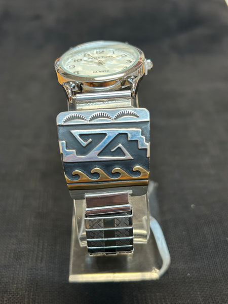 Navajo handcrafted sterling silver watch band with 12 K gold fill accents  LZ542