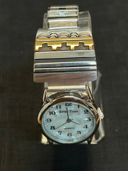 Navajo handcrafted sterling silver watch band and watch with 12k gold fill accents ..  LZ553