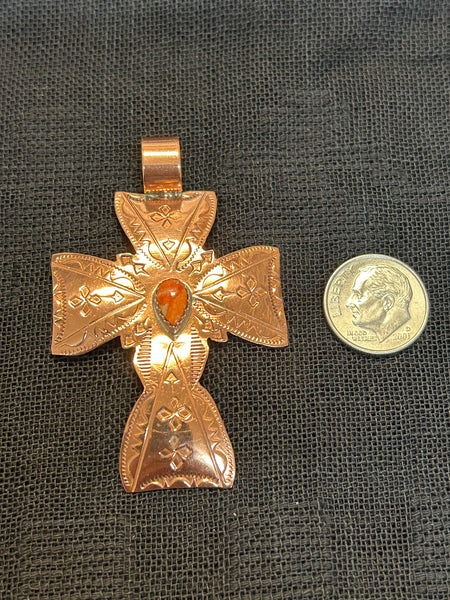 Navajo handcrafted solid copper cross with Spiney Oyster Shell stone.  LZ566