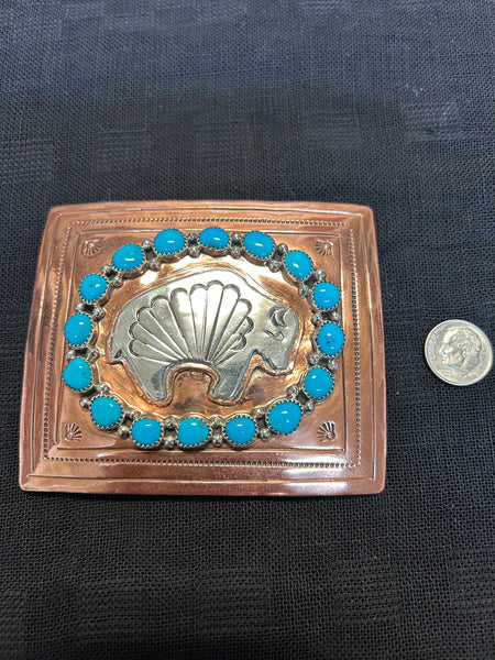 Navajo handcrafted solid copper belt buckle with sterling silver and genuine turquoise.  LZ609