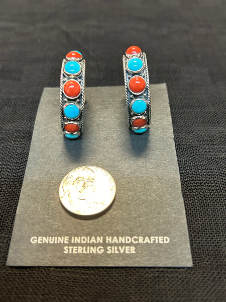 Sterling Silver, Genuine Turquoise, genuine natural coral earrings in sterling silver.  SR1106