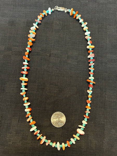 Handcrafted sterling silver, genuine turquoise, and natural Spiney Oyster shell necklace.  20” long.  SR1110