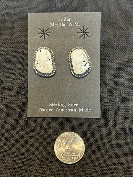 Navajo handcrafted sterling silver earrings with White Buffalo stone.  LZ633
