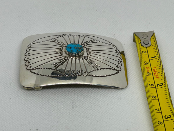 Navajo handcrafted sterling silver with genuine turquoise belt buckle. LZ688