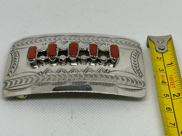 Navajo handcrafted sterling silver with coral belt buckle by Wilbur Myers.  LZ 687