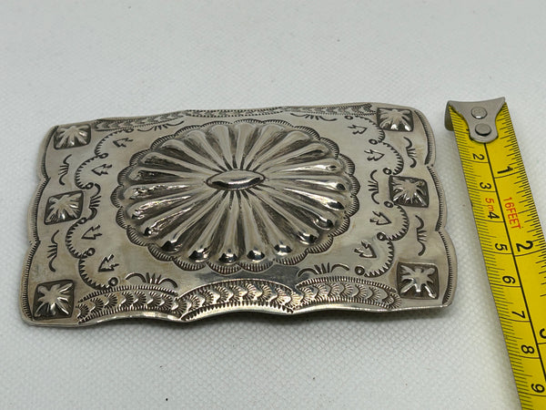 Navajo handcrafted sterling silver belt buckle by Julia Smith.  LZ686