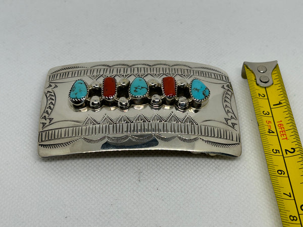 Navajo handcrafted sterling silver with genuine turquoise and coral belt buckle. LZ683