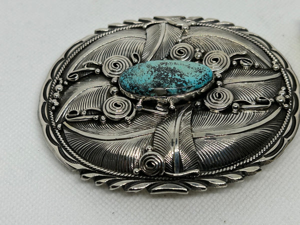 Navajo handcrafted sterling silver with genuine turquoise belt buckle SIGNED DM. LZ682