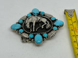 Navajo handcrafted sterling silver with genuine turquoise belt buckle by Emer Thompson.  LZ 681