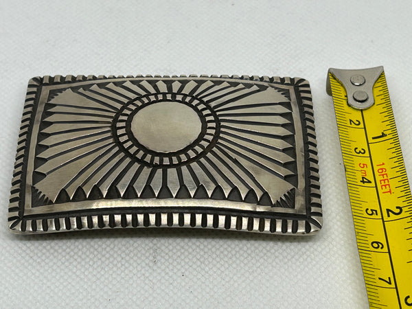 Navajo handcrafted sterling silver belt buckle by Elvira Bill.  LZ679