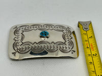 Navajo handcrafted sterling silver and genuine turquoise belt buckle by Jolene BeGay. LZ661