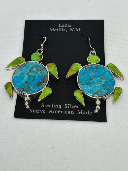 Zuni handcrafted sterling silver with genuine stone and shell inlay earrings.  LZ791
