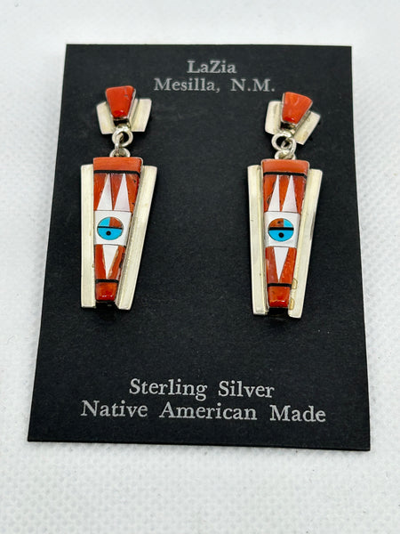 Zuni handcrafted sterling silver with genuine stone and shell inlay earrings.  LZ790