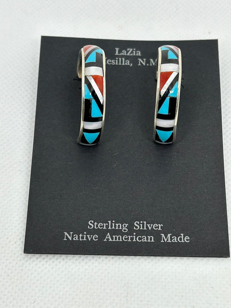 Zuni handcrafted sterling silver with genuine stone and shell inlay earrings.  LZ787