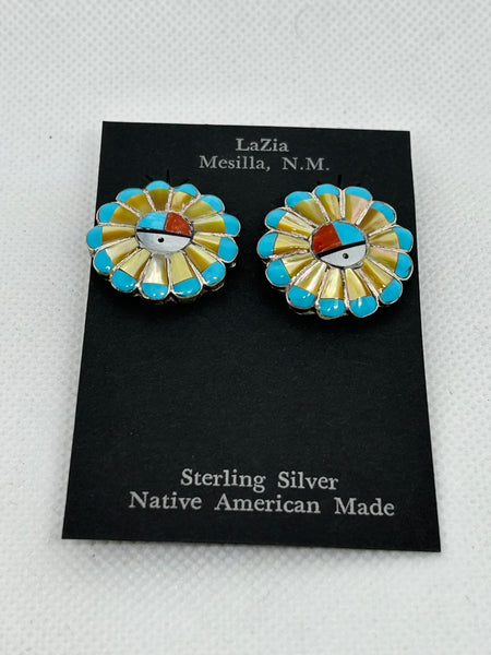 Zuni handcrafted sterling silver with genuine stone and shell inlay earrings.  LZ788