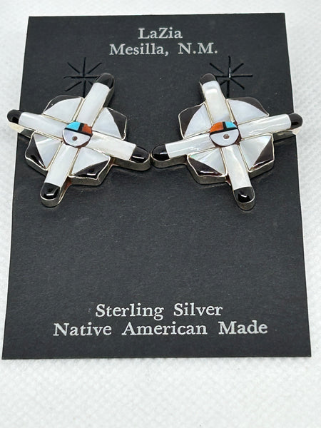Zuni handcrafted sterling silver with genuine stones and shell earrings.