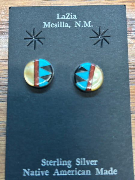 Zuni handcrafted sterling silver with genuine stone and shell inlay earrings.  LZ784