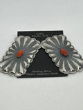 Navajo handcrafted sterling silver huge Concho earrings with genuine coral.  LZ644