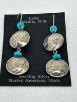 Navajo handcrafted sterling silver earrings using authentic Mercury dimes.  Genuine Turquoise. LZ642