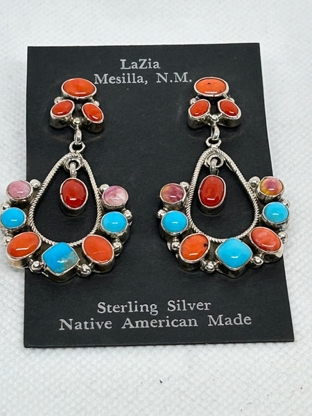 Navajo handcrafted sterling silver earrings with multiple genuine stones.  LZ641