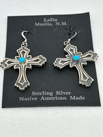 Navajo handcrafted sterling silver cross earrings with genuine turquoise stones.  LZ640