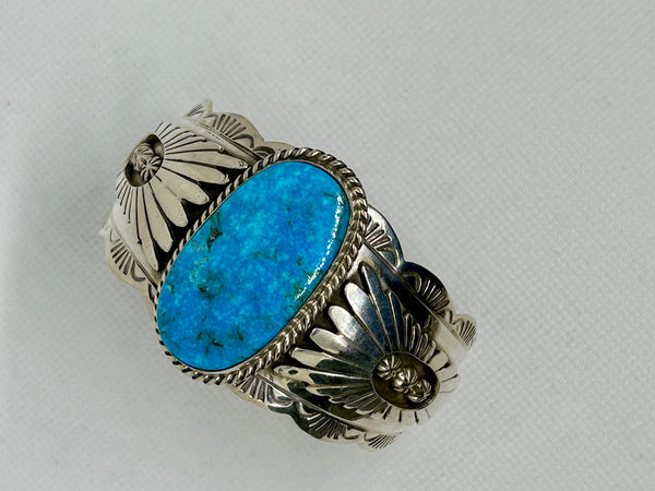 Navajo handcrafted sterling silver with genuine turquoise bracelet by James.  LZ797
