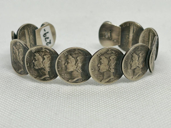 Navajo handcrafted original Mercury Dime bracelet with turquoise ends by James.  LZ803