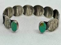 Navajo handcrafted original Mercury Dime bracelet with turquoise ends by James.  LZ803