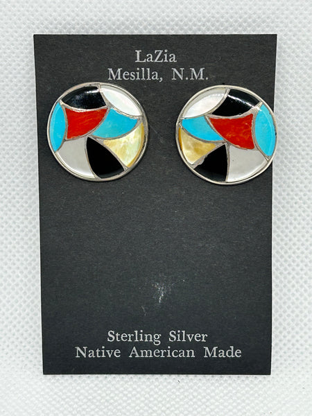 Zuni Handcrafted sterling silver earrings with genuine stone and shell inlay.  LZ838
