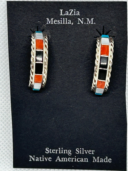 Zuni Handcrafted sterling silver earrings with genuine stone and shell inlay.  LZ841