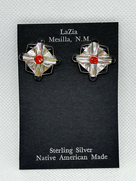 Zuni Handcrafted sterling silver earrings with genuine stone and shell inlay.  LZ844
