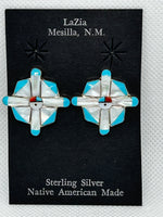 Zuni Handcrafted sterling silver earrings with genuine stone and shell inlay.  LZ848