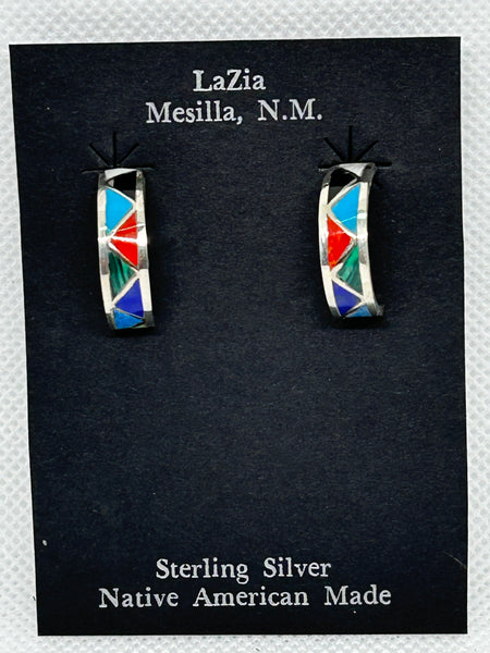 Zuni Handcrafted sterling silver earrings with genuine stone and shell inlay.  LZ849