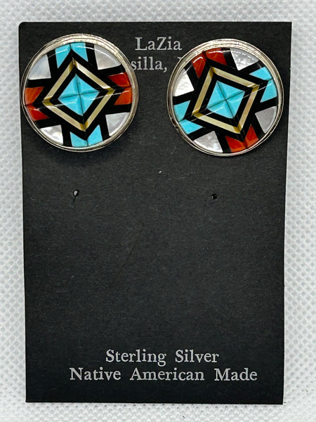 Zuni Handcrafted sterling silver earrings with genuine stone and shell inlay.  LZ856