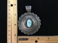 Navajo handcrafted sterling silver, genuine turquoise pendant, LZ073. 3” top to bottom.