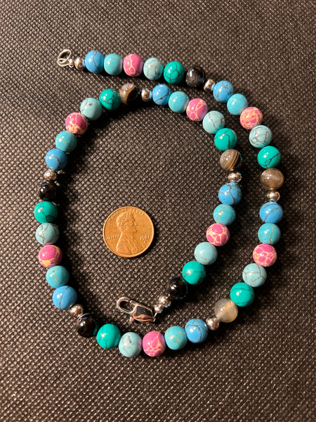 Handcrafted hypoallergenic stainless steel Smokey onyx, Howlite, and pink stone necklace.17”, EP155 FREE SHIPPING IN THE CONTINENTAL USA.