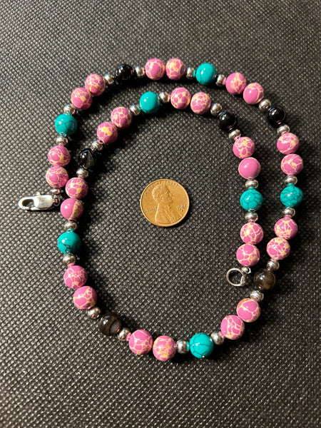 Handcrafted Howlite and pink stone necklace, 18”, hypoallergenic stainless steel beads and clasp.  EP154 FREE SHIPPING IN THE CONTINENTAL USA.