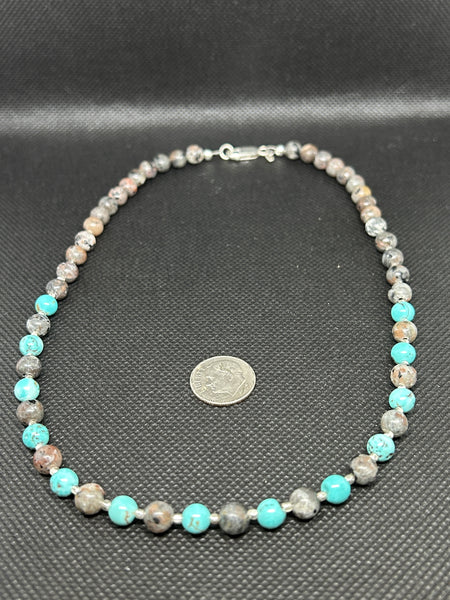 Handcrafted sterling silver necklace with Greystone and Turquoise.  18”. SR1129 FREE SHIPPING IN THE CONTINENTAL USA.