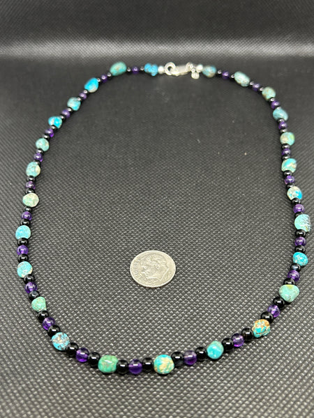 Handcrafted sterling silver with Amethyst, and Black Onyx necklace.  20” SR1130 FREE SHIPPING IN THE CONTINENTAL USA.