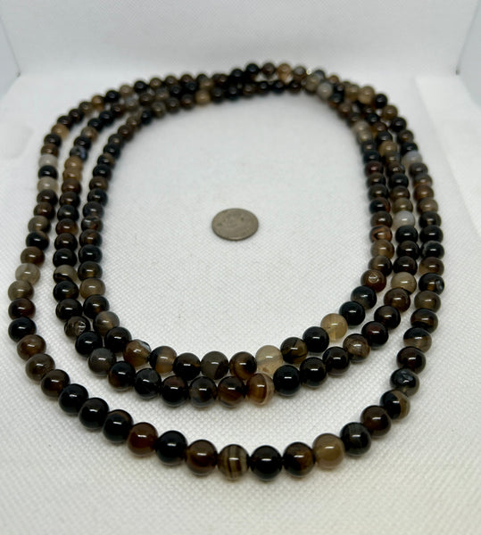 60” Genuine Smokey Onyx 8mm stone necklace with sterling silver.  SR2014   Ships Free in Con't USA