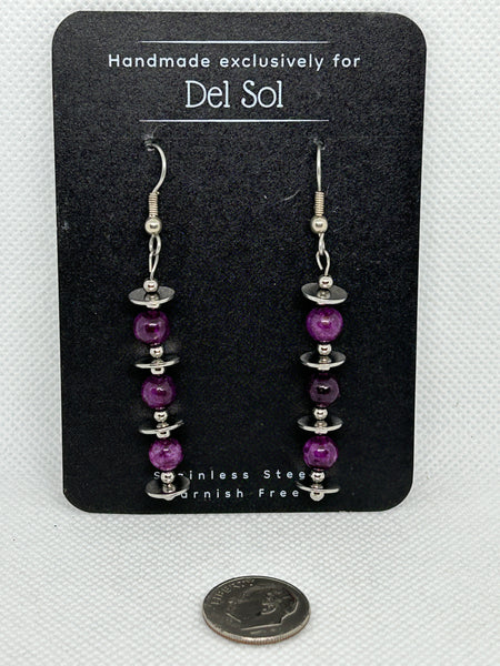 Sugulite dangle earrings in a one of a kind design.  Hypoallergenic stainless steel. EP168 FREE SHIPPING IN THE CONTINENTAL USA.