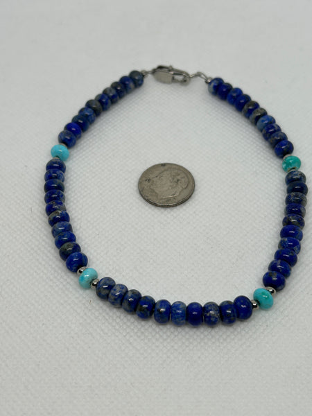 Ankle Bracelet in Genuine Lapis and turquoise with hypoallergenic stainless steel clasp.  EP158 FREE SHIPPING IN THE CONTINENTAL USA.